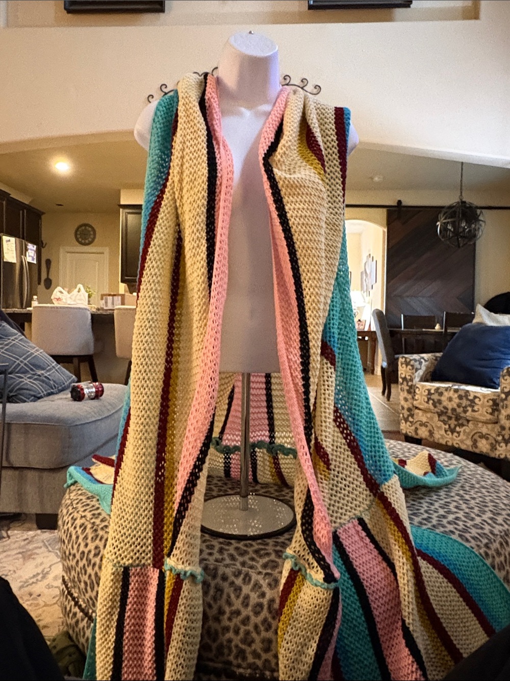 Striped Knit Poncho Shrug in Cream, Pink & Teal